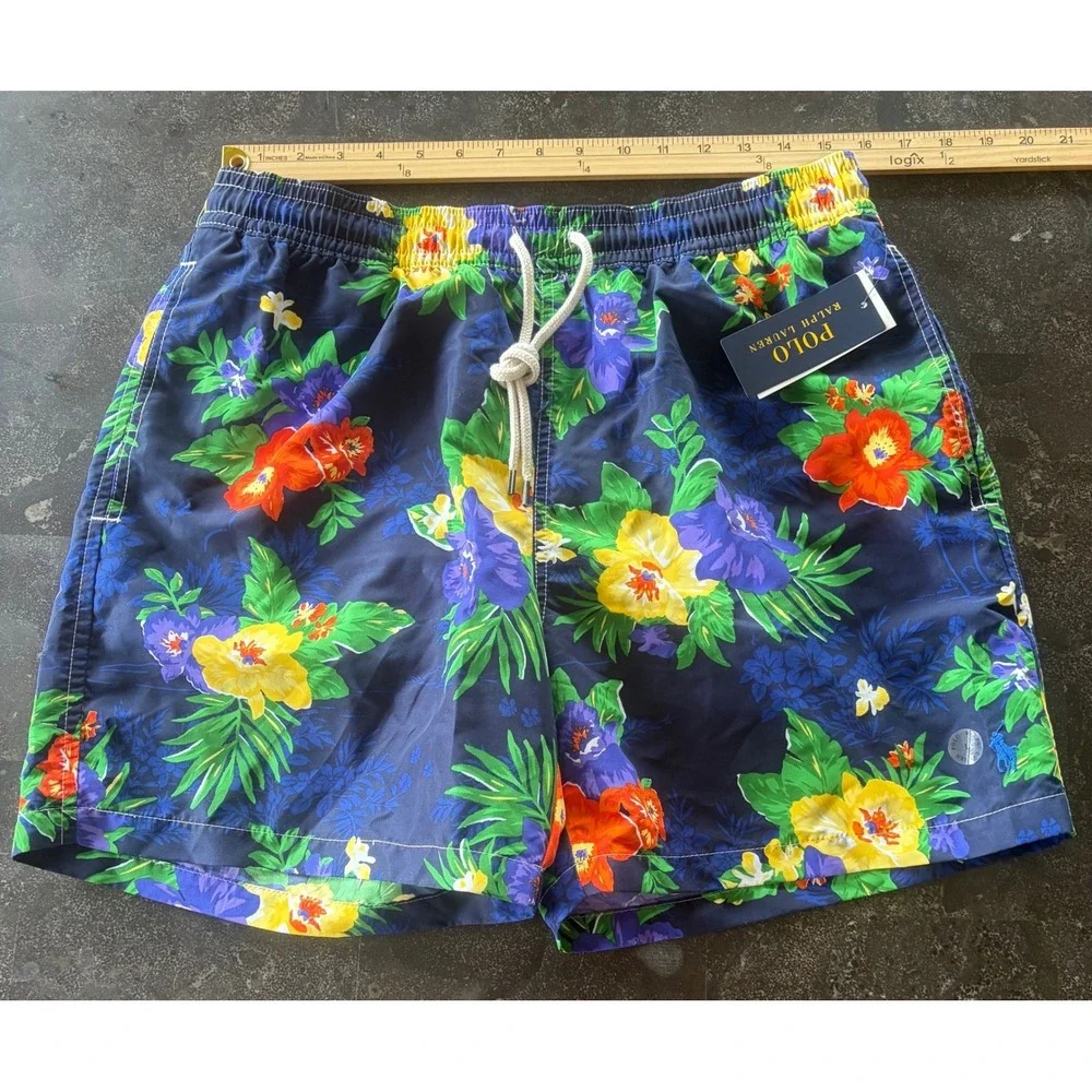 Polo Ralph Lauren Men M Floral Swim Trunks Navy Blue Tropical Hibiscus Short NEW